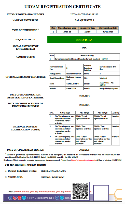 Certificate — Balaji Travels